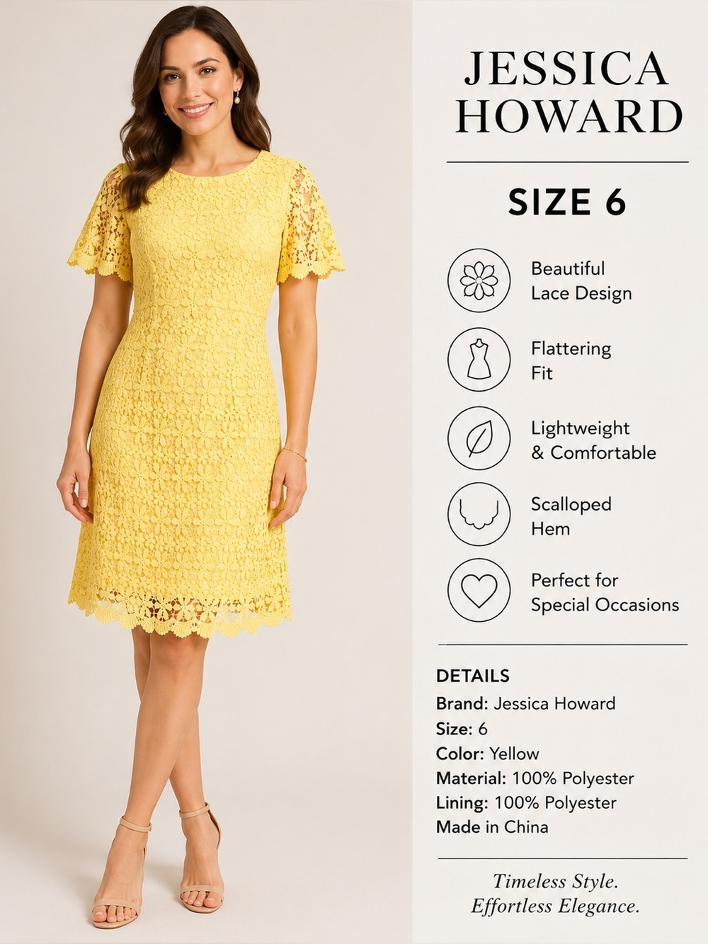 Jessica Howard Yellow Lace Sheath Dress Size 6 Elegant Floral Midi Dress